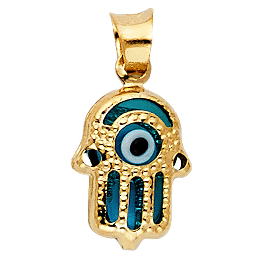 14K Yellow Gold Hamsa Evil Eye Enamel Pendant