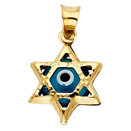 14K Yellow Gold Star of David Evil Eye Enamel Pendant