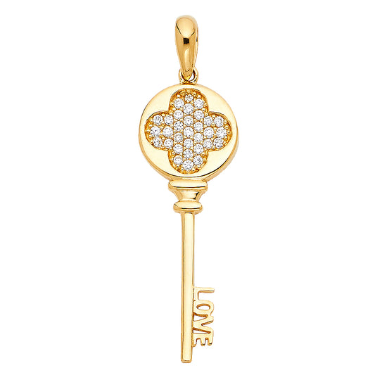 14K Yellow Gold Key Pendant with Love Inscription and CZ Accents