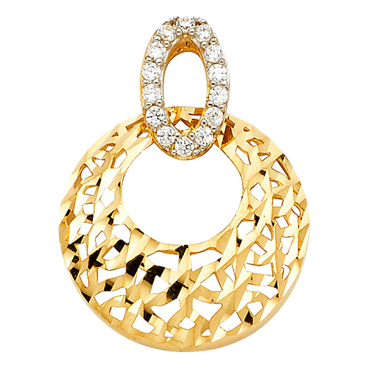 14K Yellow Gold Filigree Circle Design CZ Pendant