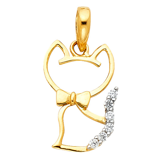 14K Yellow Gold Cat with Bow CZ Pendant
