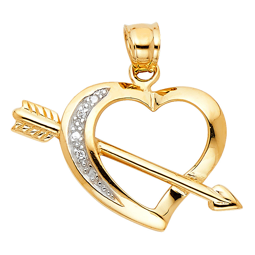 14K Two-Tone Gold Heart Arrow Design CZ Pendant