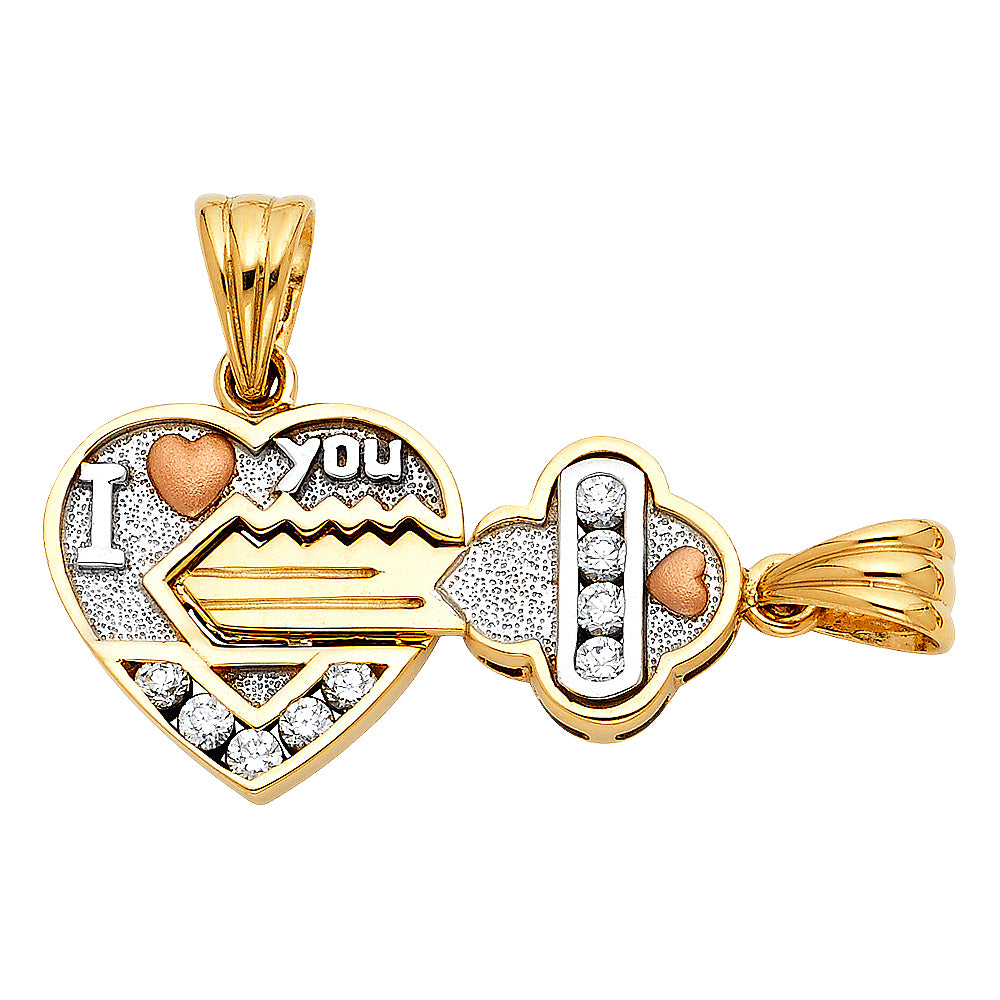 14K Tri-Color Gold I Love You Heart & Key CZ Pendant