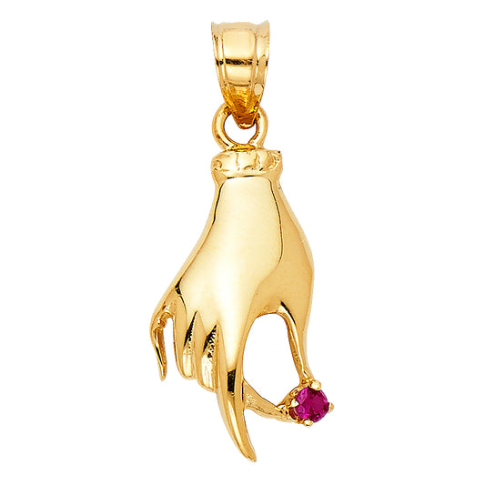 14K Yellow Gold Figa Hand Design Synthetic Red Ruby CZ Pendant