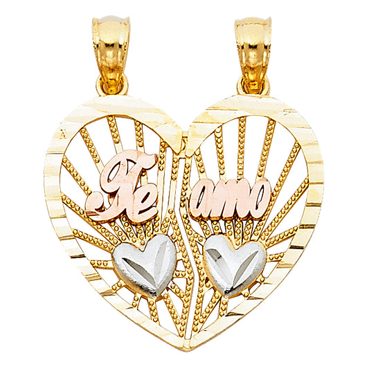 14K Tri-Color Gold Double Sided “Te Amo” Heart Design Pendant