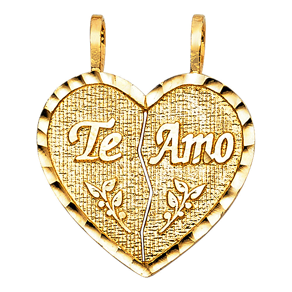 14K Yellow Gold Double Sided “Te Amo” Broken Heart Design Pendant