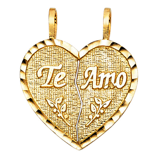 14K Yellow Gold Double Sided “Te Amo” Broken Heart Design Pendant