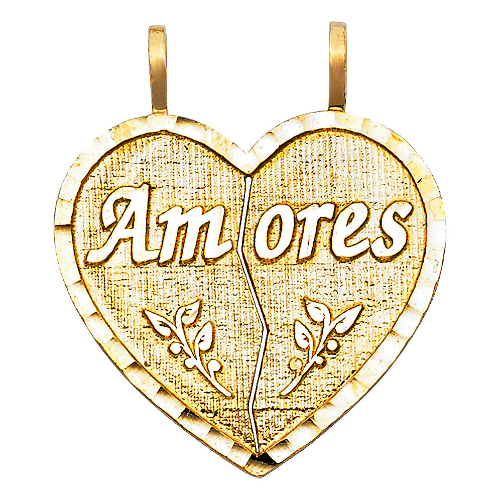 14K Yellow Gold Double Sided “Amores” Broken Heart Design Pendant