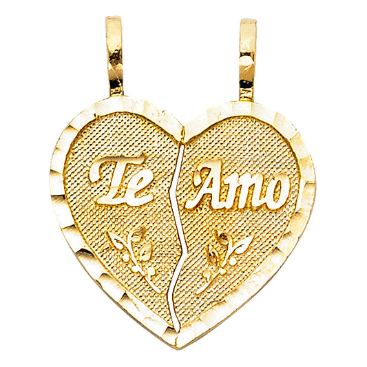 14K Yellow Gold Double Sided “Te Amo” Broken Heart Design Pendant