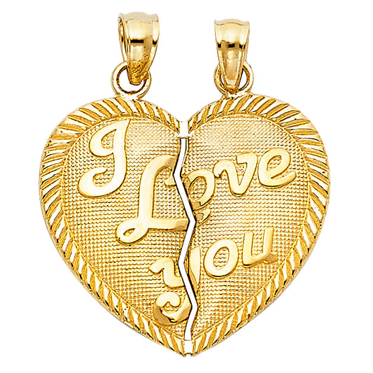 14K Yellow Gold Double Sided / Reversible “I Love You” Split Heart Pendant