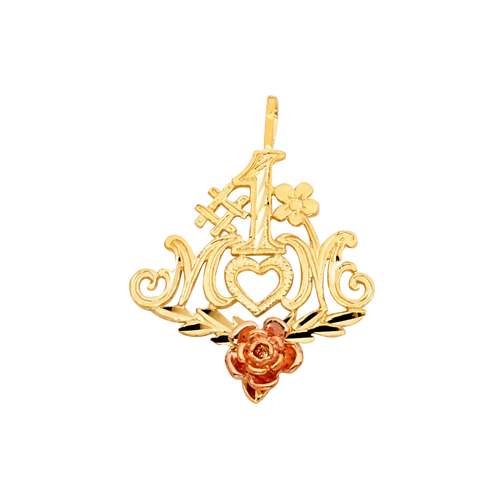 14K Two-Tone Gold #1 Mom Pendant with Rose Accent