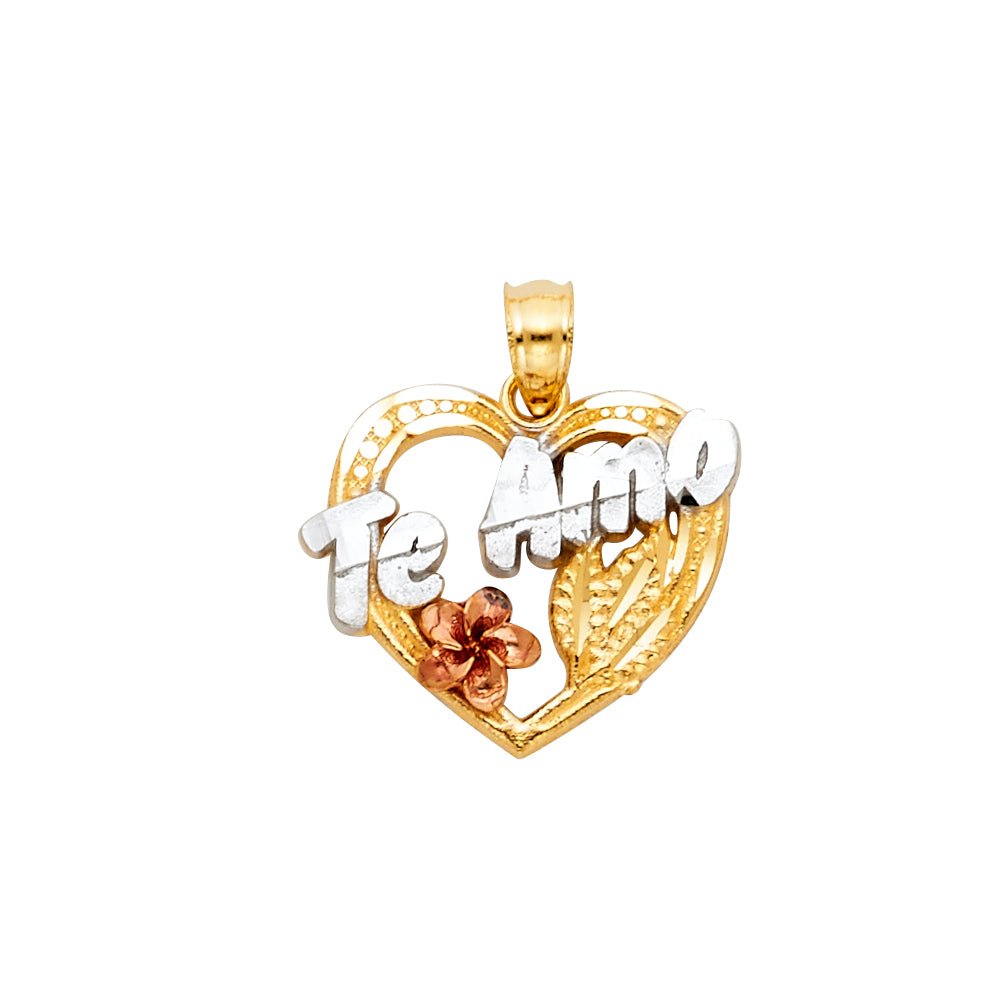 14K Tri-Color Gold Heart Love Phrase Design Pendant
