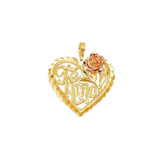 14K Two-Tone Gold Heart Te Amo Rose Design Pendant