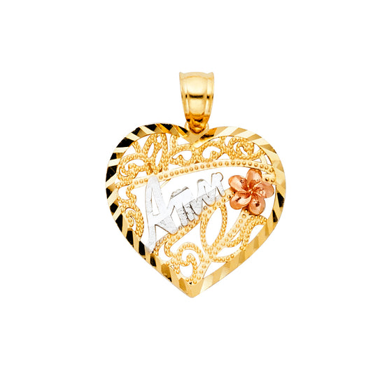 14K Two-Tone Gold Heart Amor Rose Design Pendant