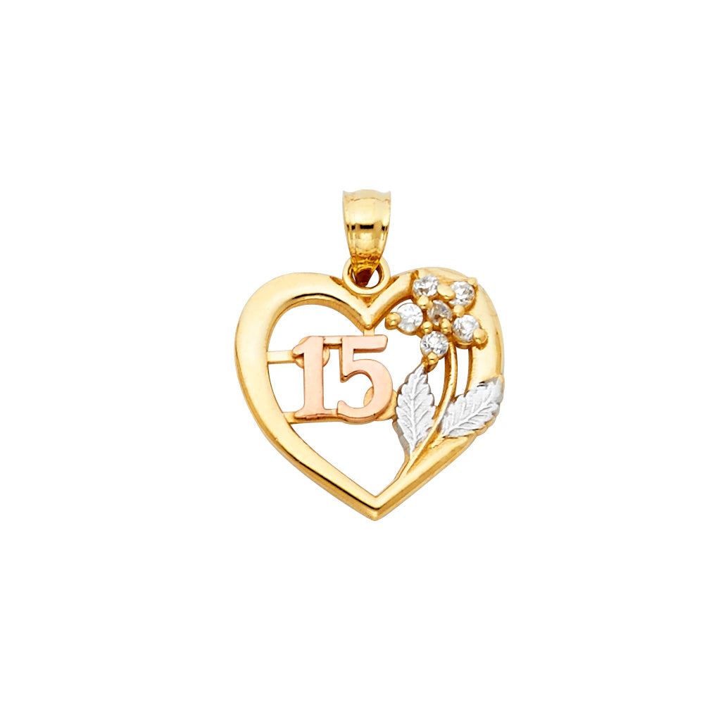 14K Tri-Color Gold Quinceañera Heart Pendant with Flower and Leaf Accents