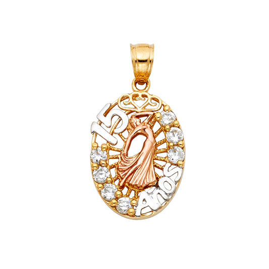 14K Tri-Color Gold Quinceañera Oval Pendant with Dancing Girl and CZ Accents