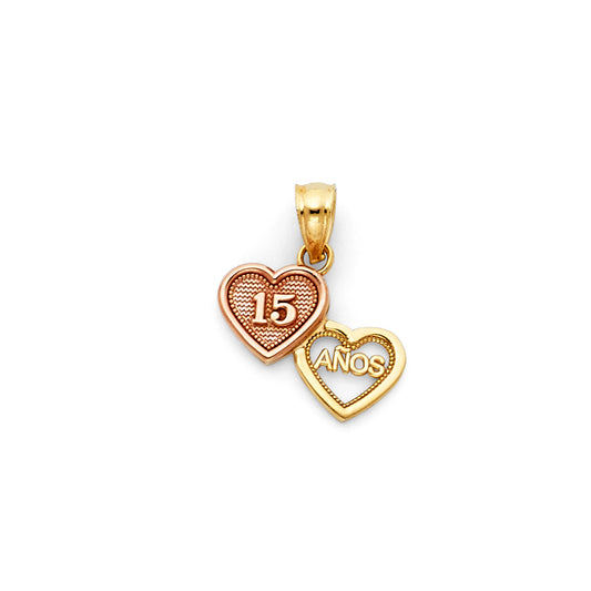 14K Tri-Color Gold Double Heart Quinceañera Pendant with “15 Años” Design