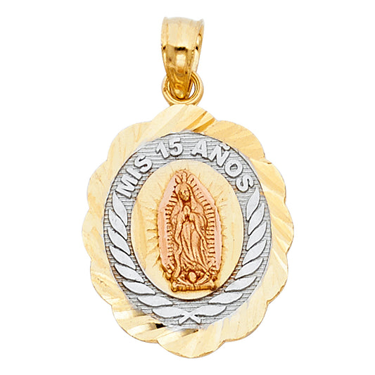 14K Tri-Color Gold Mis 15 Años Guadalupe Oval Pendant