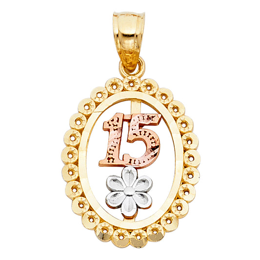 14K Tri-Color Gold Quinceañera Oval Pendant with Beaded Frame and Flower Accent