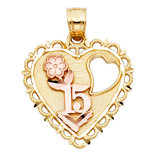14K Two-Tone Gold Quinceañera Heart Pendant with Flower and Cutout Heart Design