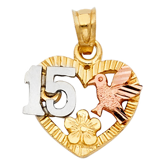 14K Tri-Color Gold Quinceañera Heart Pendant with Hummingbird and Flower Accent