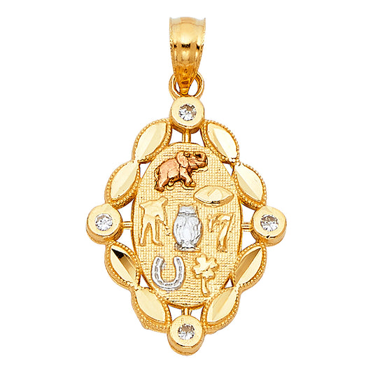 14K Tri-Color Gold Good Luck Oval Pendant with Symbols and CZ Accents