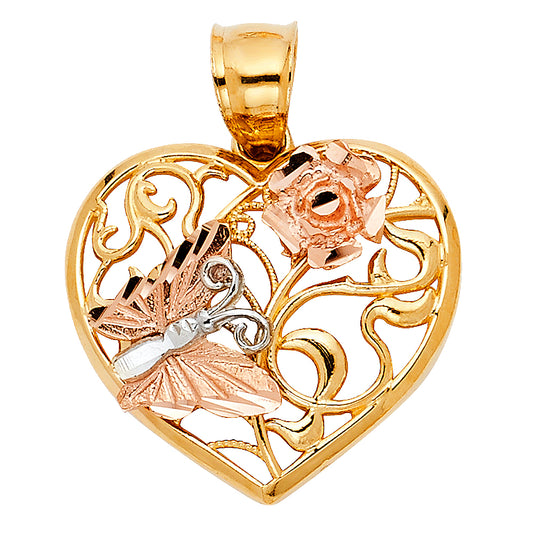 14K Tri-Color Gold Filigree Heart with Butterfly & Rose Pendant