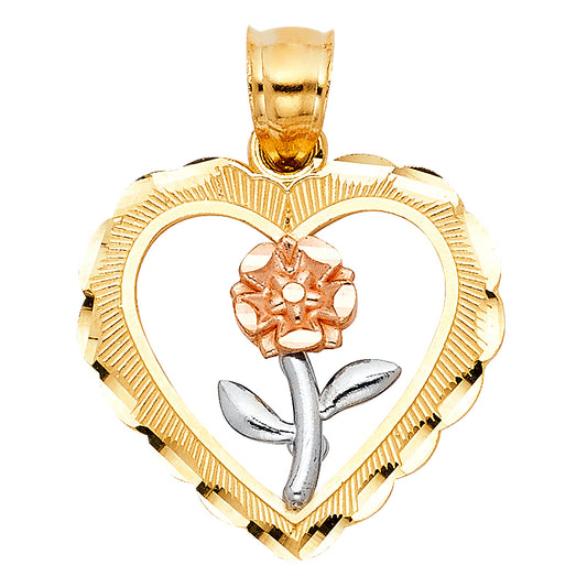 14K Tri-Color Gold Heart & Flower Pendant