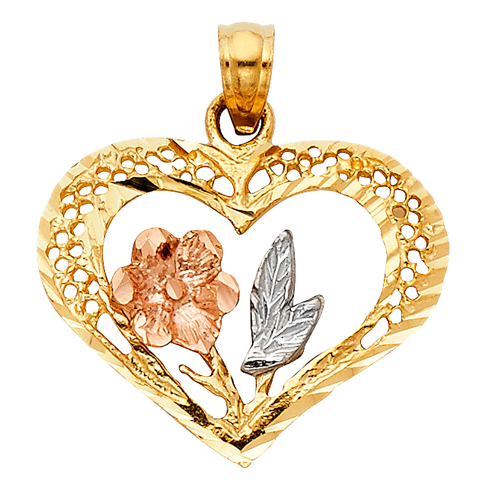 14K Tri-Color Gold Filigree Heart & Flower Pendant