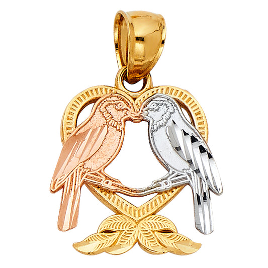 14K Tri-Color Gold Love Birds Heart Design Pendant