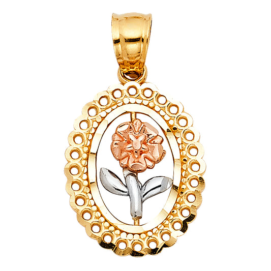 14K Tri-Color Gold Oval Flower Pendant
