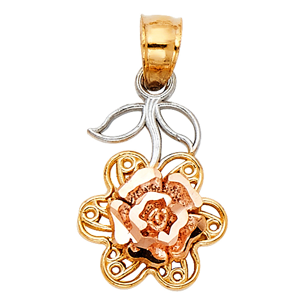 14K Tri-Color Gold Rose Filigree Pendant