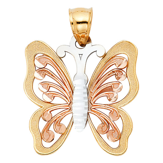 14K Tri-Color Gold Filigree Butterfly Pendant