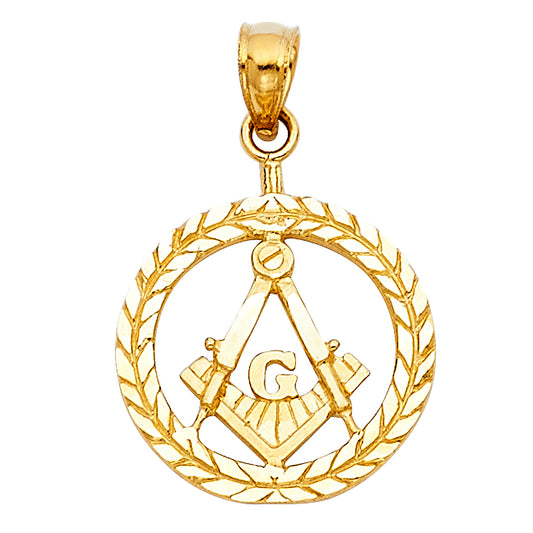 14K Yellow Gold Freemason Square & Compass Wreath Design Pendant