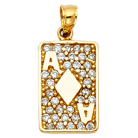 14K Yellow Gold Ace of Diamonds Playing Card CZ Pendant