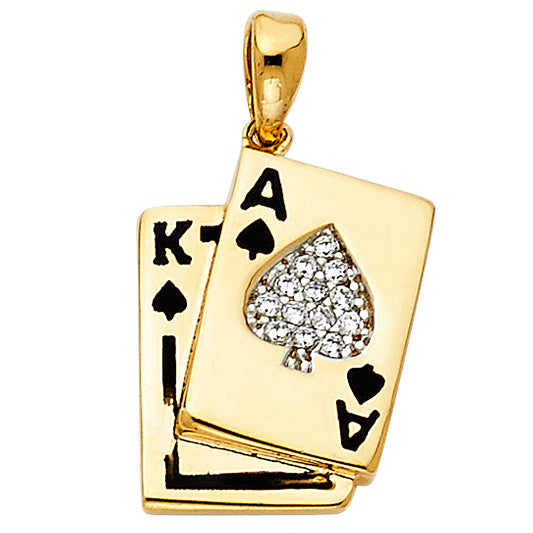 14K Yellow Gold Double Sided / Reversible Ace & King of Spades Playing Card CZ Pendant