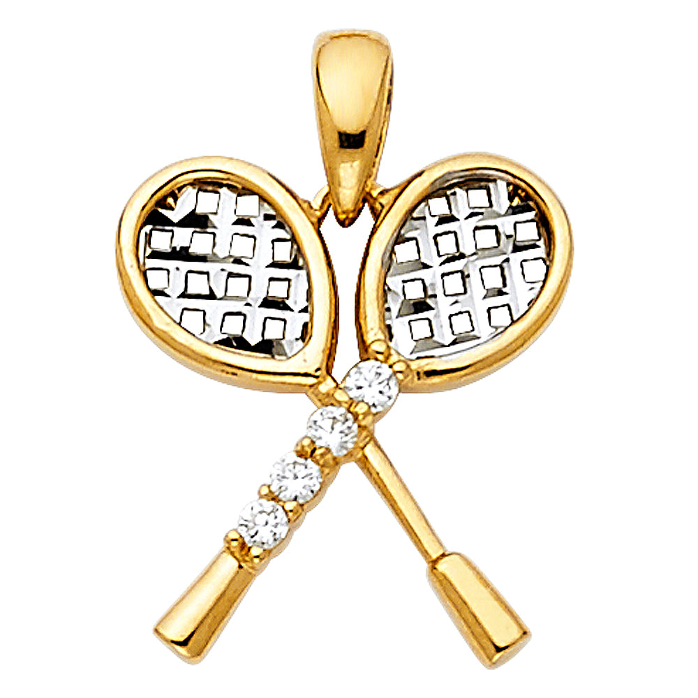14K Two-Tone Gold Tennis Racket Design CZ Pendant