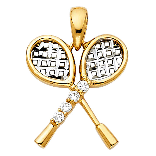 14K Two-Tone Gold Tennis Racket Design CZ Pendant