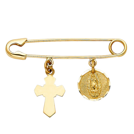 14K Yellow Gold Double Sided Cross & Virgin Guadalupe Safety Pin Brooch