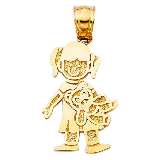 14K Yellow Gold Girl with Teddy Bear Pendant