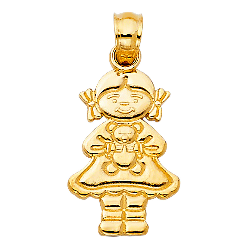 14K Yellow Gold Girl with Teddy Bear Pendant