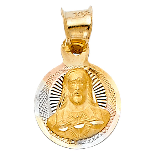 14K Tri-Color Gold Diamond-Cut Sacred Heart Jesus Medallion aprox 1/2" tall