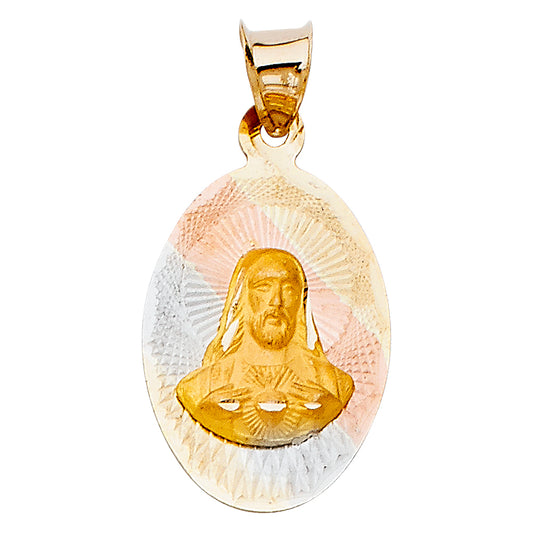 14K Tri-Color Gold Diamond-Cut Sacred Heart Jesus Medallion aprox 3/4" tall