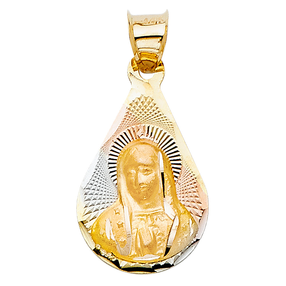 14K Tri-Color Gold Teardrop Virgin Mary Medallion