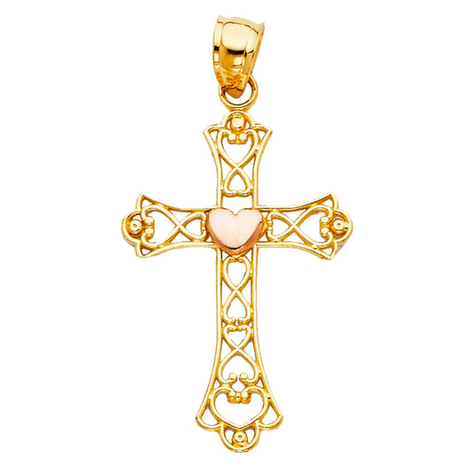 14K Two-Tone Gold Filigree Heart Center Cross Pendant aprox 1 1/2" tall