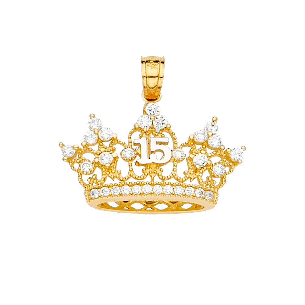 14K Yellow Gold Crown Quinceañera Pendant with CZ Accents