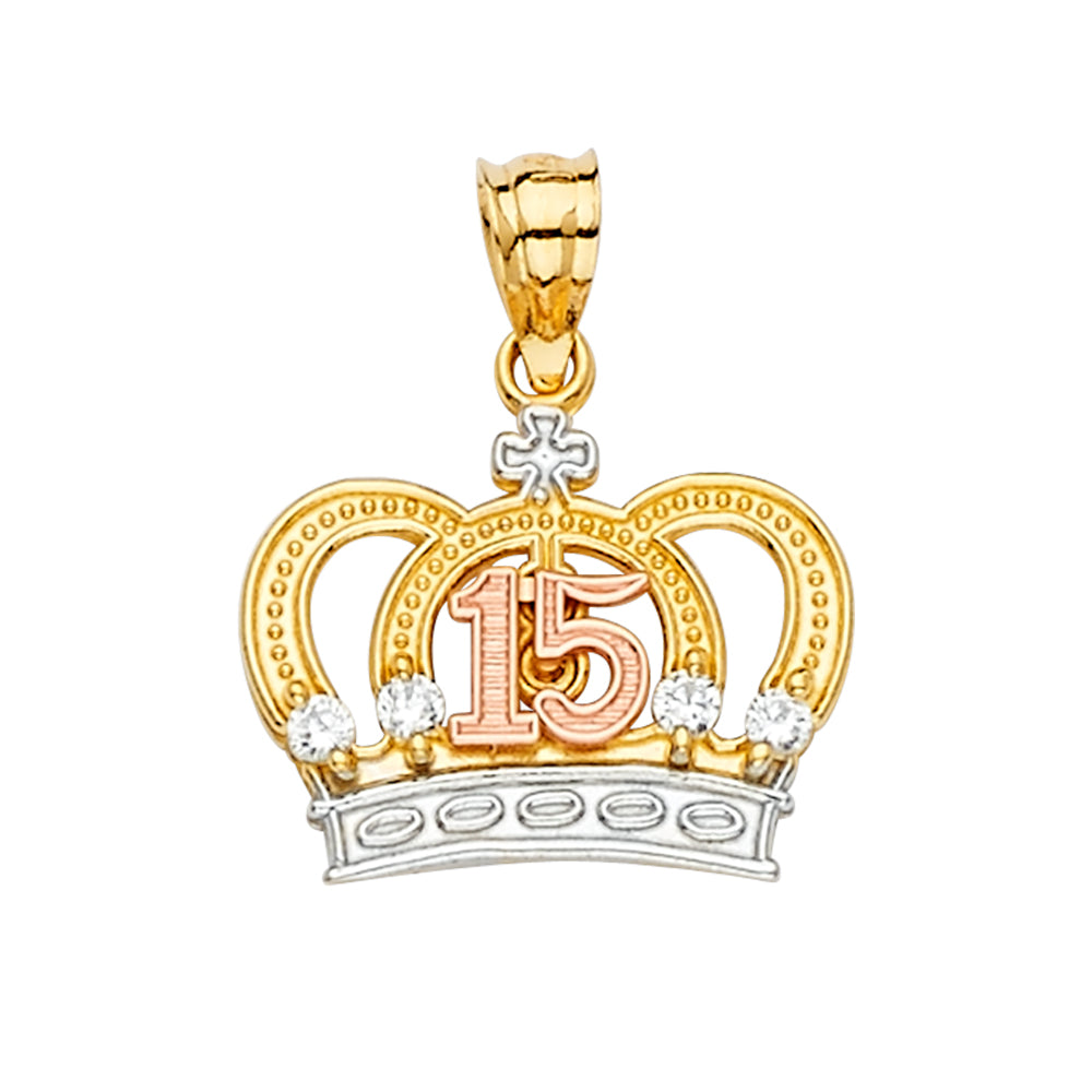 14K Tri-Color Gold Crown Quinceañera Pendant with CZ Accents