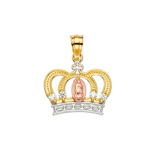 14K Tri-Color Gold Crown Pendant with Our Lady of Guadalupe and Cubic Zirconia