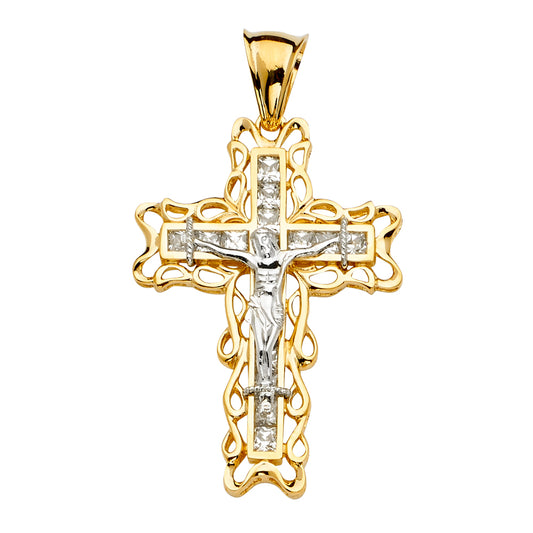 14K Two-Tone Gold CZ Filigree Crucifix Pendant 2 1/2" tall