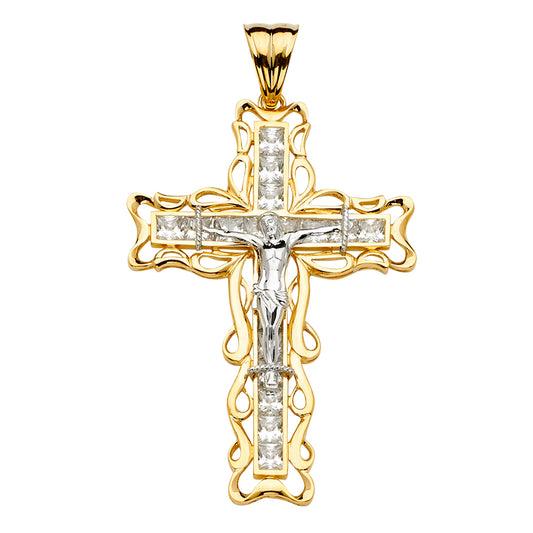 14K Two-Tone Gold CZ Filigree Crucifix Pendant 3 1/4" tall